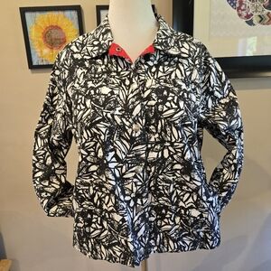 CJ Banks black and white print jacket with red trim Button-up cotton spandex